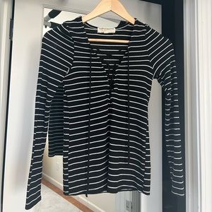 Urban Outfitters black/white striped plunge lace up long sleeve tee